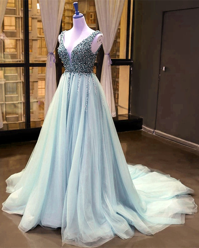 Elegant Tulle Prom Long Dresses Pearl Beaded V Neck – alinanova