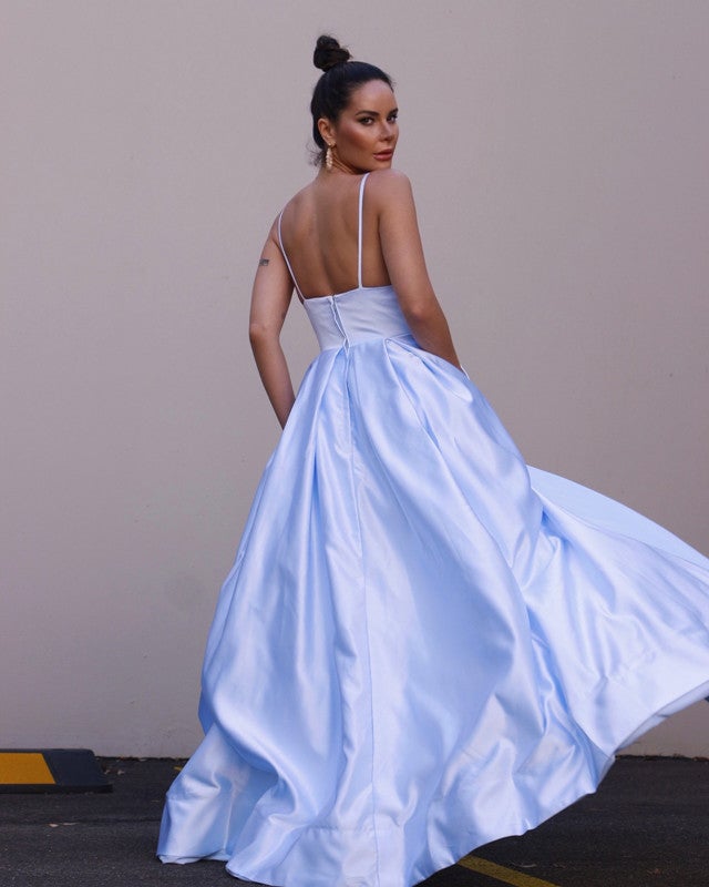Simple Light Blue Prom Dresses Satin V-neck  alinanova
