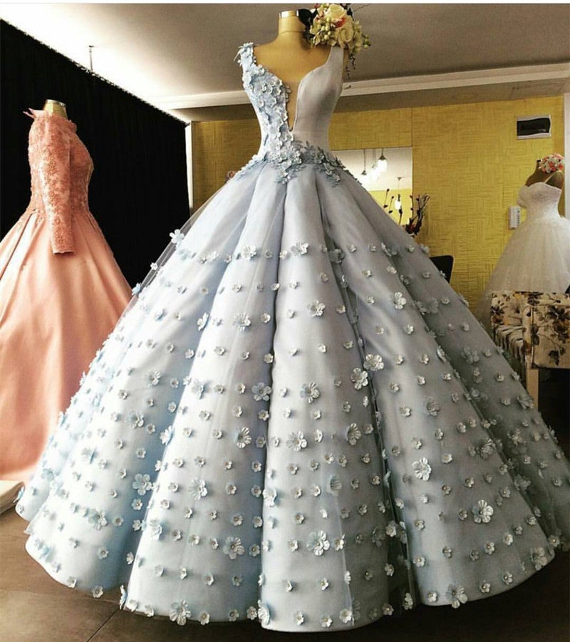 Light Blue Satin V Neck Ball Gown Flower Wedding Dresses Light Blue Satin V Neck Ball Gown Flower Wedding Dresses