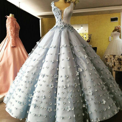 Light Blue Satin V Neck Ball Gown Flower Wedding Dresses-alinanova