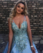 Load image into Gallery viewer, Light Blue Satin V Neck Ball Gowns Wedding Dresses For Bride
