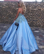 Load image into Gallery viewer, Light Blue Satin V Neck Ball Gowns Wedding Dresses For Bride
