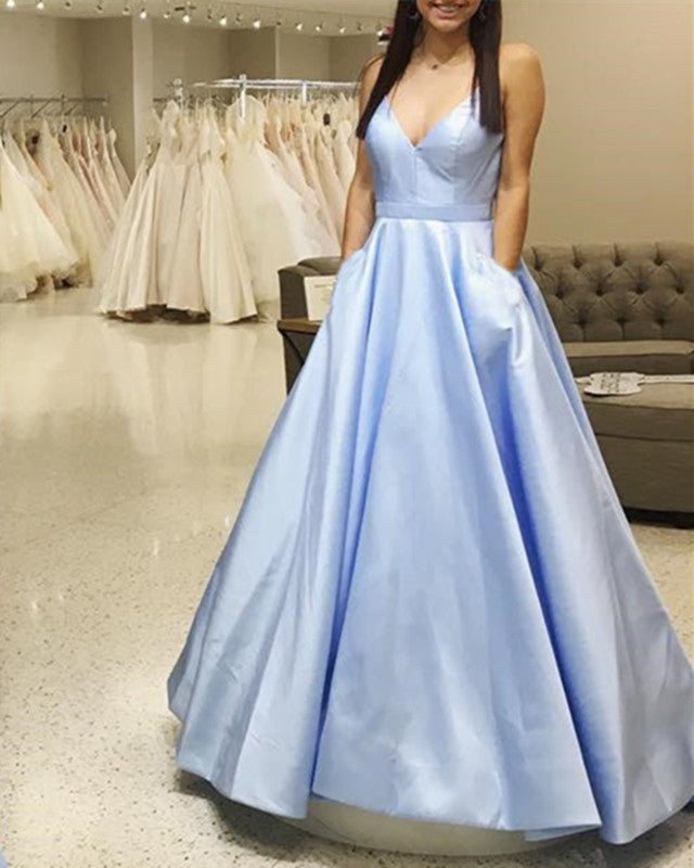Light Blue Satin V-neck Cross Back Prom Dresses