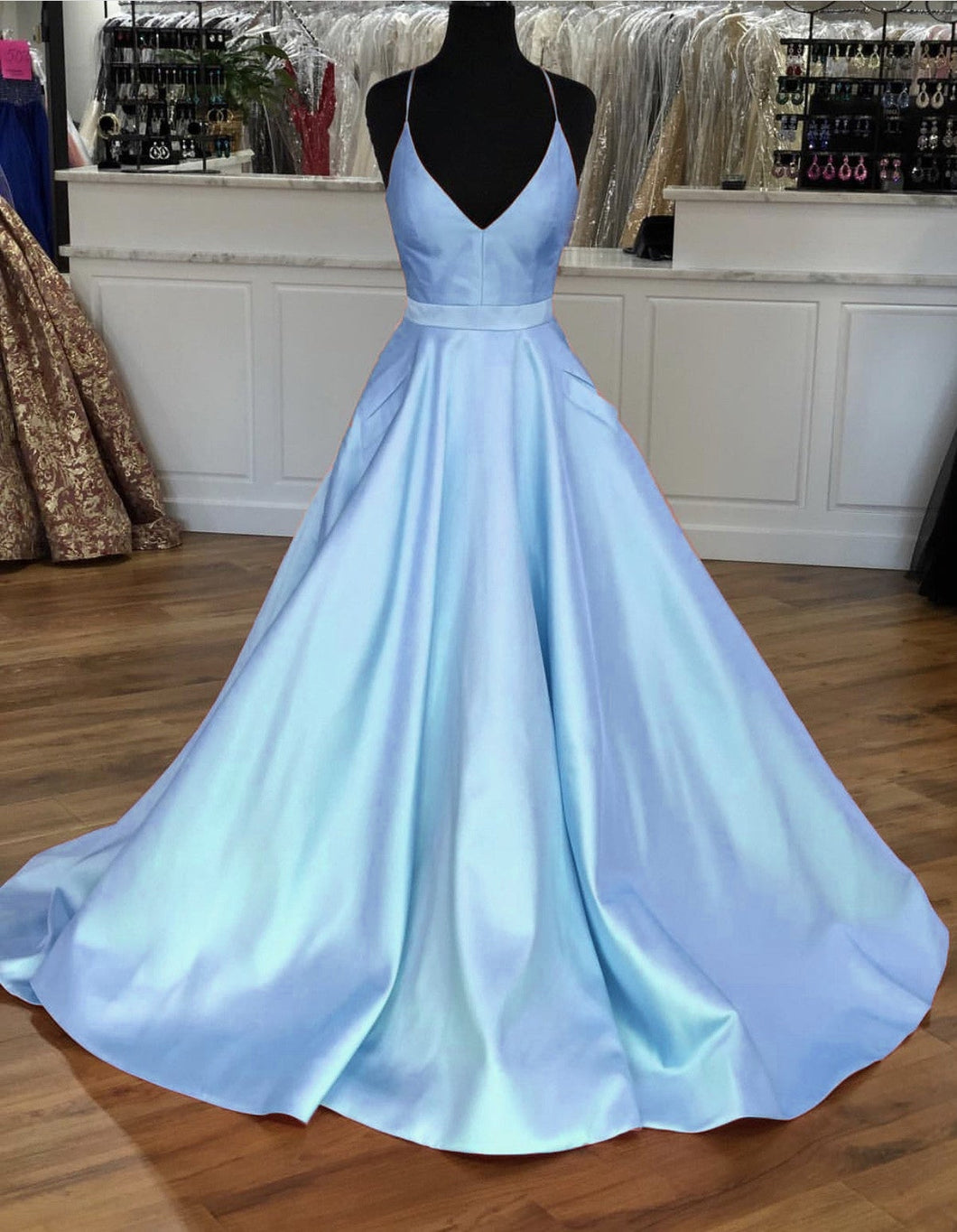 Light Blue Satin V-neck Cross Back Prom Dresses Light Blue Satin V-neck Cross Back Prom Dresses