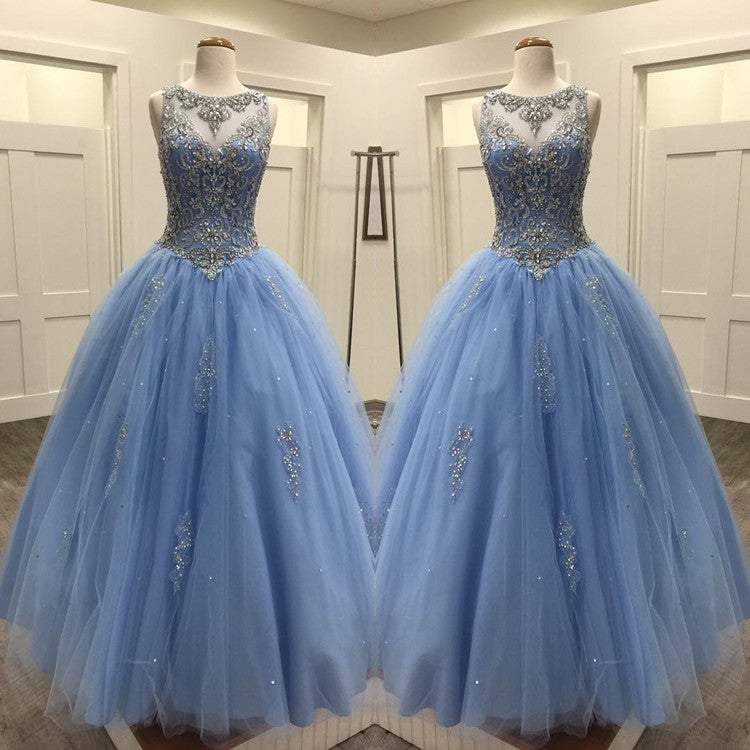 Light Blue Tulle Ball Gowns Quinceanera Dresses Crystal Beaded-alinanova