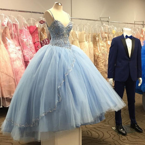 Light Blue Tulle Ball Gowns Quinceanera Dresses With Beaded-alinanova