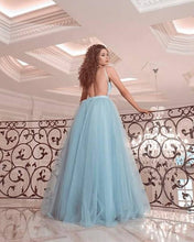 Load image into Gallery viewer, Light Blue Tulle Prom Dresses Lace V Neck Open Back
