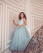 Load image into Gallery viewer, Light Blue Tulle Prom Dresses Lace V Neck Open Back
