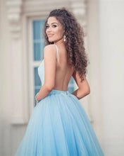 Load image into Gallery viewer, Light Blue Tulle Prom Dresses Lace V Neck Open Back
