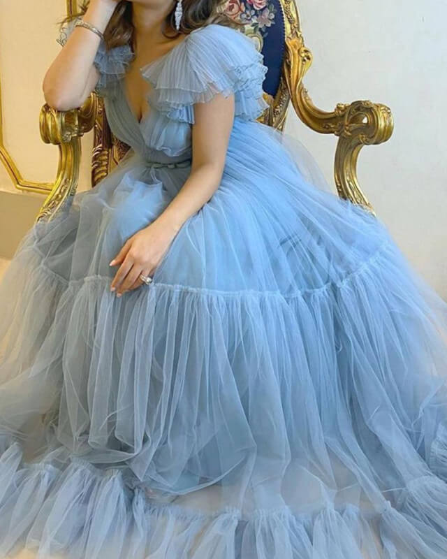 80s Inspired Tulle Prom Dresses V Neck Ruffles Sleeves 80s Inspired Tulle Prom Dresses V Neck Ruffles Sleeves