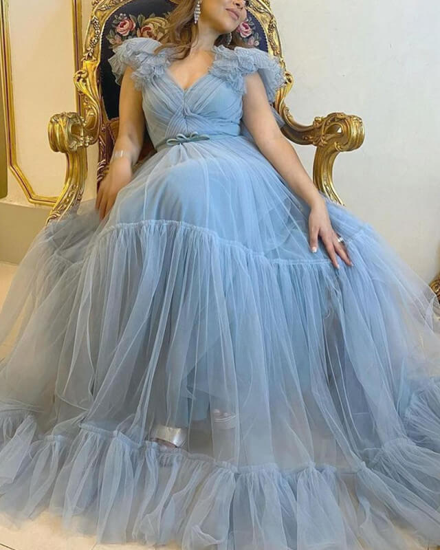 80s Style Tulle Prom Dress V Neck With Ruffles Sleeves – alinanova