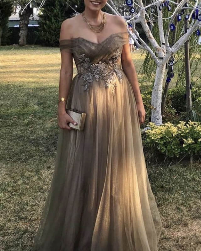 Light Brown Appliques Tulle Prom Dresses Light Brown Appliques Tulle Prom Dresses
