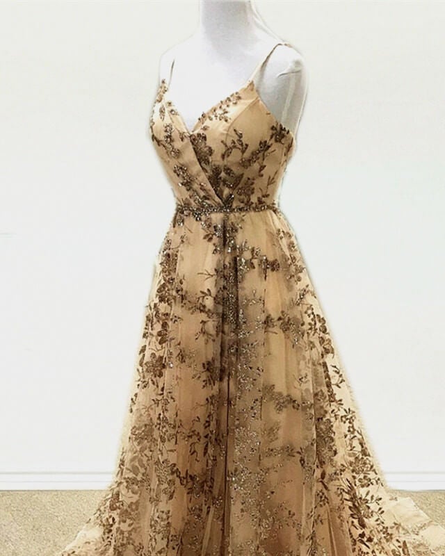 Light Gold Sequin Pattern Prom Dresses V Neck Split Light Gold Sequin Pattern Prom Dresses V Neck Split