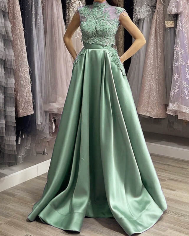 Two Piece Satin Appliques Prom Dress with Pockets