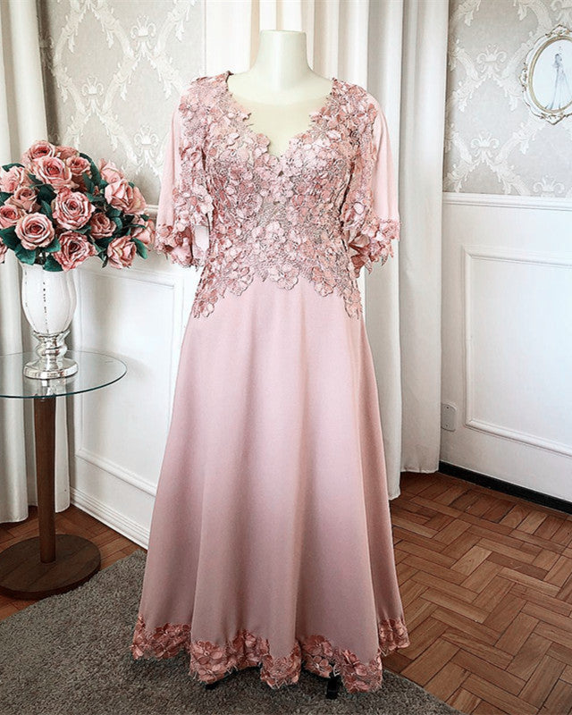 Wedding Gowns Mother Of The Bride Pink Outfits Sleeved Mother Of The Bride Dresses With 3D Flowers Wedding Gowns Mother Of The Bride Pink Outfits Sleeved Mother Of The Bride Dresses With 3D Flowers