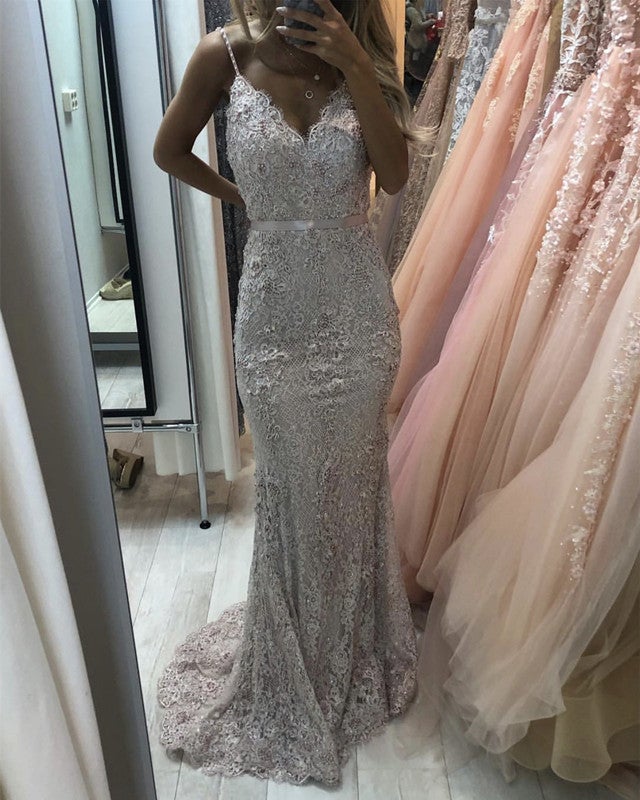 Light Pink Prom Dresses Mermaid Lace V Neck Spaghetti Straps Light Pink Prom Dresses Mermaid Lace V Neck Spaghetti Straps