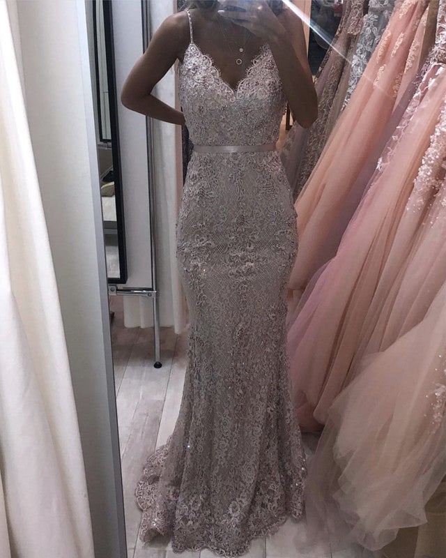 Light Pink Prom Dresses Mermaid Lace V Neck Spaghetti Straps-alinanova