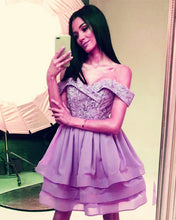 Load image into Gallery viewer, Short Lilac Homecoming Dresses Off The Shoulder
