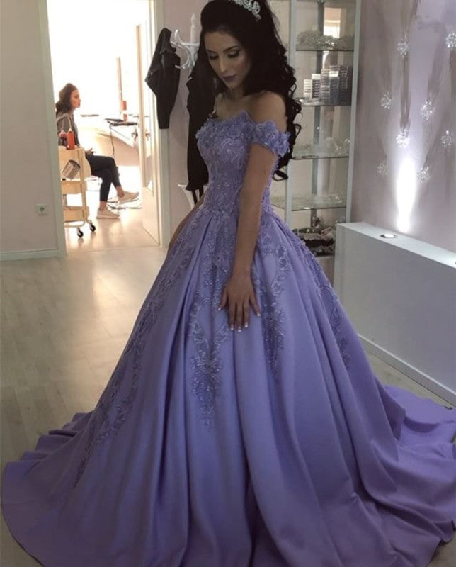 Lilac Lace Flowers Beaded V-neck Ball Gown Satin Dresses Off Shoulder ...