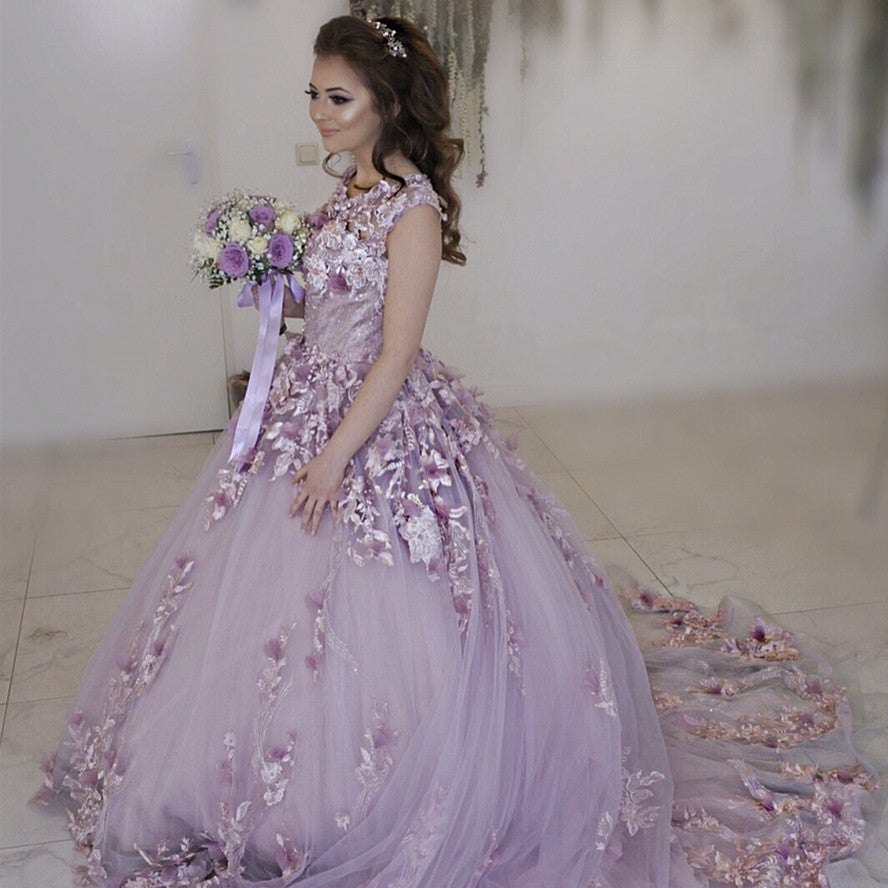 Lilac Tulle Cap Sleeves Wedding Dresses With Floral Flowers
