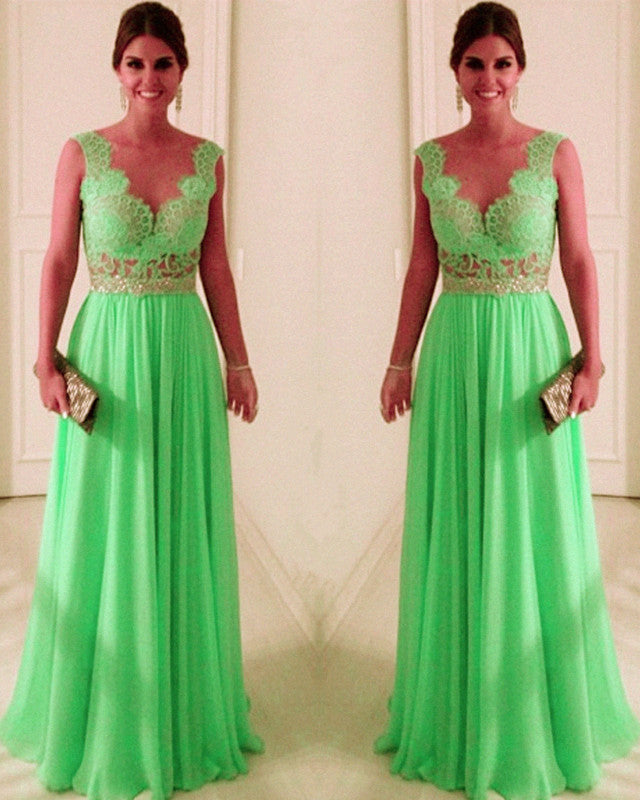 Lime Green Chiffon Prom Dresses Nude Back Lace Appliques-alinanova