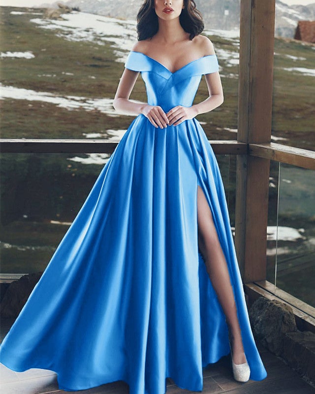 Long A line Satin Prom Dresses Off Shoulder alinanova