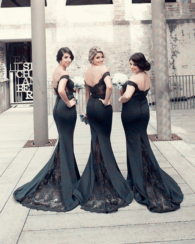Long Black Lace Appliques Sweetheart Mermaid Bridesmaid Dresses