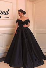 Load image into Gallery viewer, Long Black Satin Beaded Ball Gowns Prom Dresses Off The Shoulder
