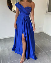 Load image into Gallery viewer, One Shoulder Beaded Sweetheart Long Satin Slit Dress
