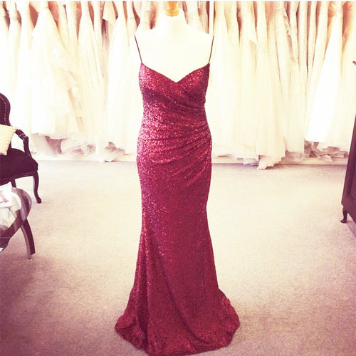 Long Burgundy Sequins V Neck Mermaid Bridesmaid Dresses-alinanova