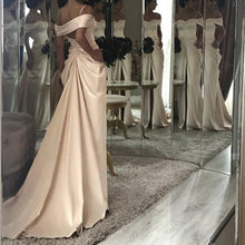 Load image into Gallery viewer, Long Champagne Off Shoulder Satin Mermaid Wedding Dresses
