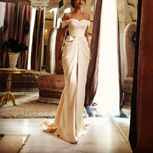 Load image into Gallery viewer, Long Champagne Off Shoulder Satin Mermaid Wedding Dresses-alinanova
