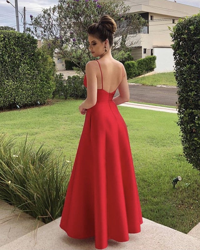 Long Red Satin V-neck Bridesmaid Dresses – alinanova