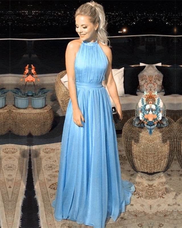 Long Chiffon Open Back Bridesmaid Dresses Halter Top-alinanova