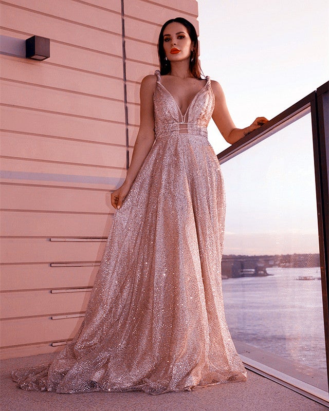 Long Gold Sparkly Prom Dresses V-neck