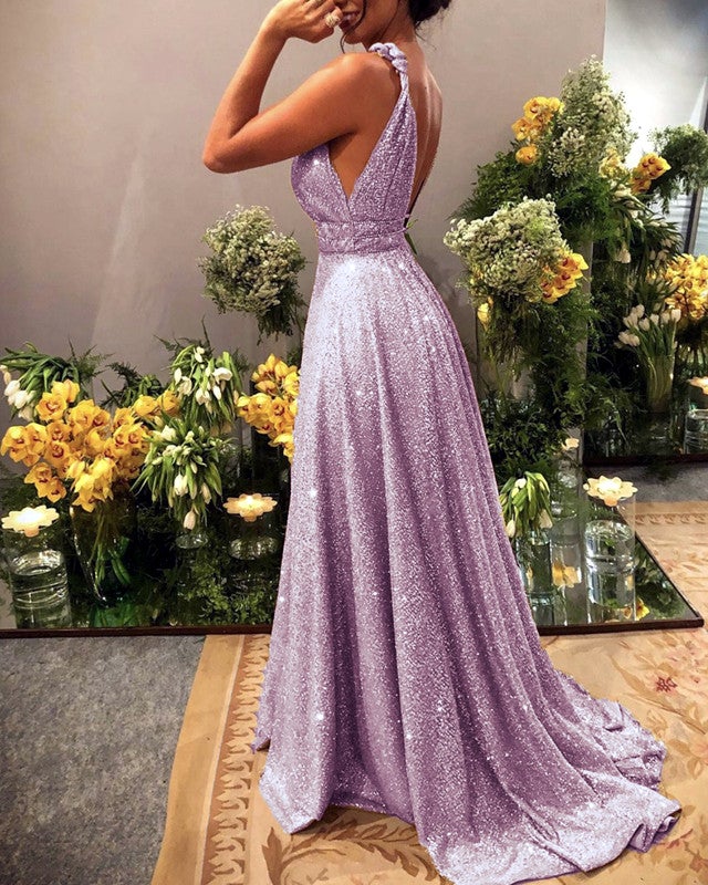 Long Gold Sparkly Prom Dresses V-neck Spaghetti Straps – alinanova