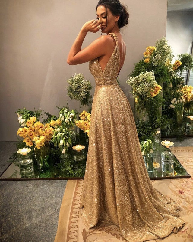 Long Gold Sparkly Prom Dresses V-neck Spaghetti Straps – alinanova