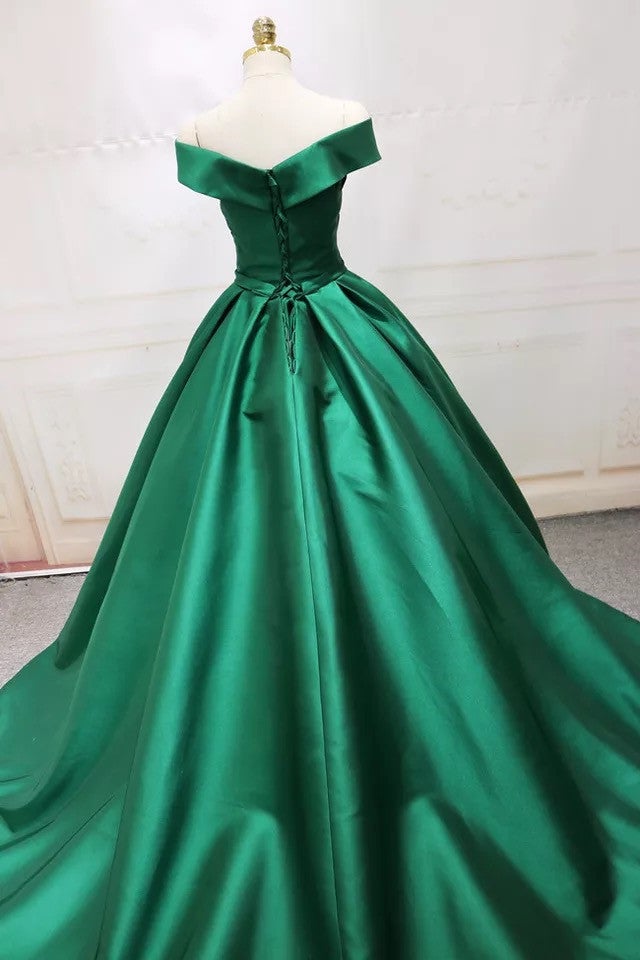 Long Green Satin V-neck Ball Gowns Prom Dresses Off The Shoulder Long Green Satin V-neck Ball Gowns Prom Dresses Off The Shoulder