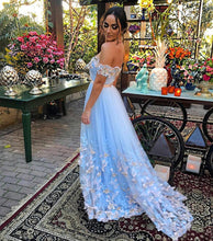 Load image into Gallery viewer, Long Light Blue Prom Dresses Butterfly Lace Off The Shoulder
