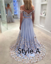 Load image into Gallery viewer, Long Light Blue Prom Dresses Butterfly Lace Off The Shoulder
