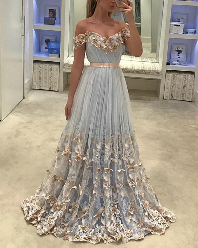 Long Light Blue Prom Dresses Butterfly Lace Off The Shoulder – alinanova