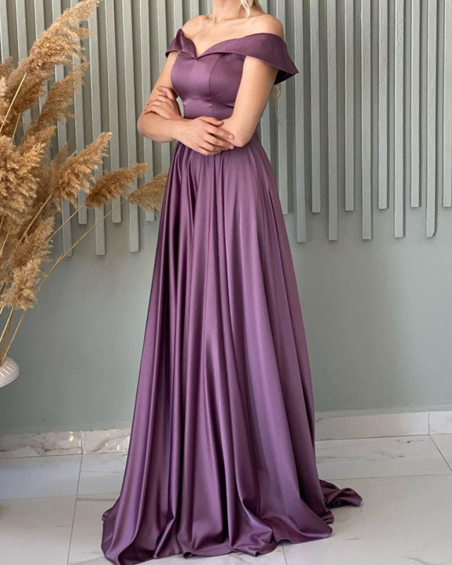 mauve satin prom dress Classic Off-Shoulder Long Prom Dress with A-Line Skirt English Violet / 4