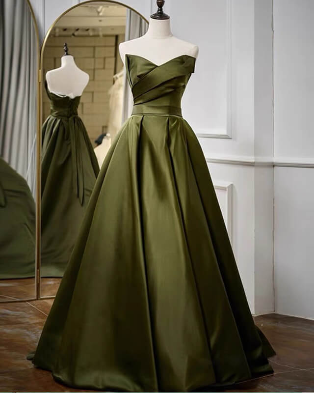 Long Strapless Olive Green Satin Dress – alinanova