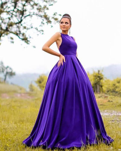 Long Purple Satin Prom Dresses