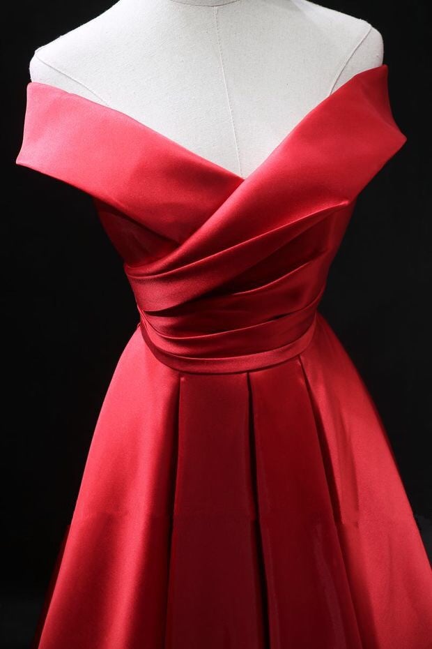 Long Red Satin Prom Dresses Off The Shoulder Evening Gowns