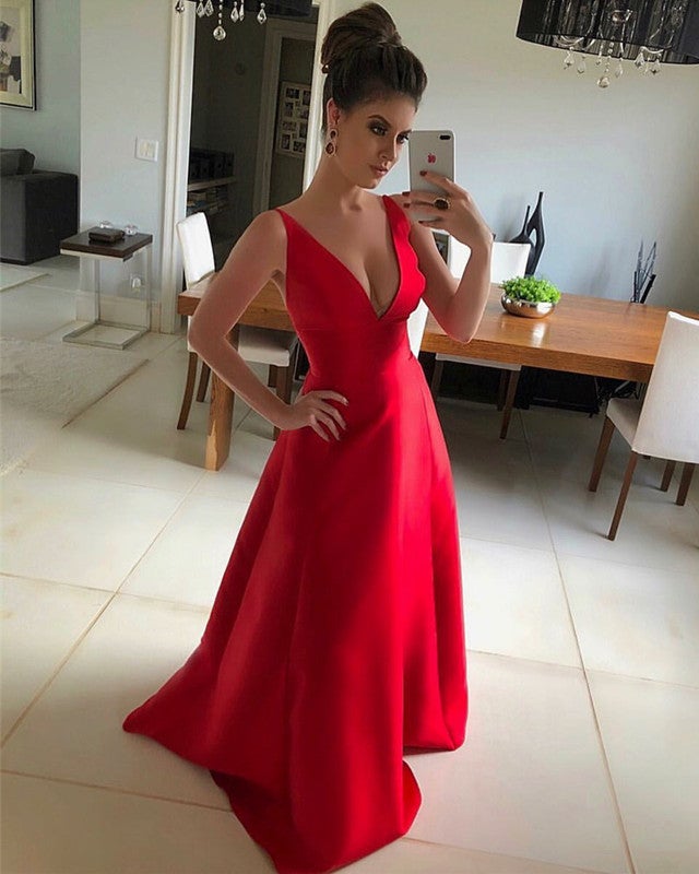 Long Red Satin V-neck Bridesmaid Dresses Floor Length Evening Gowns ...