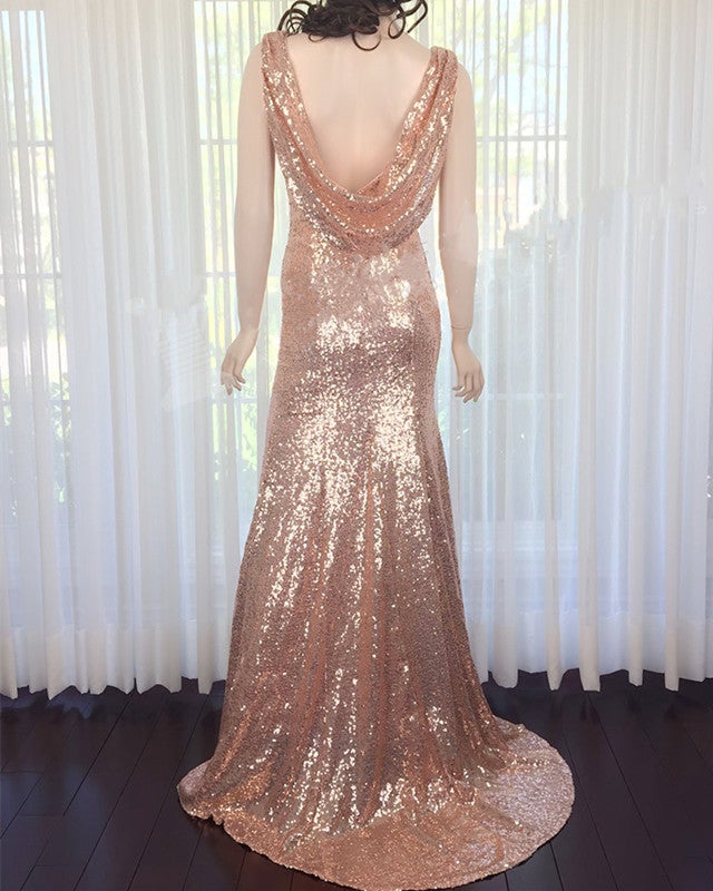 Long Rose Gold Sequins Prom Dresses Mermaid V-neck Evening Gowns-alinanova