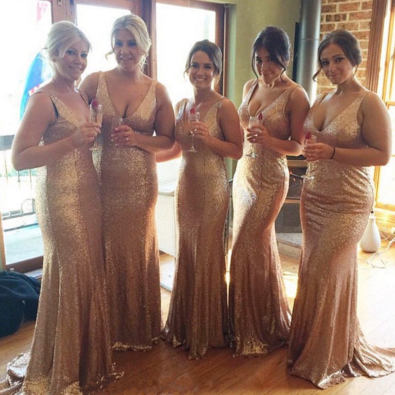 Long Rose Gold V-neck Empire Waist Mermaid Sequined Bridesmaid Dresses alinanova Long Rose Gold V-neck Empire Waist Mermaid Sequined Bridesmaid Dresses alinanova