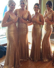 Load image into Gallery viewer, Long Rose Gold V-neck Empire Waist Mermaid Sequined Bridesmaid Dresses-alinanova
