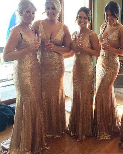 Long Rose Gold V-neck Empire Waist Mermaid Sequined Bridesmaid Dresses-alinanova